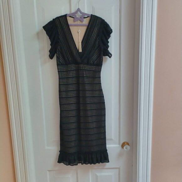 Black Lace Bodycon Dress with Ruffled Sleeves and hem - Picture 6 of 10